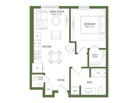 A floor plan of a house with a great room, bedroom, kitchen, foyer, bath, and walk-in closet.
